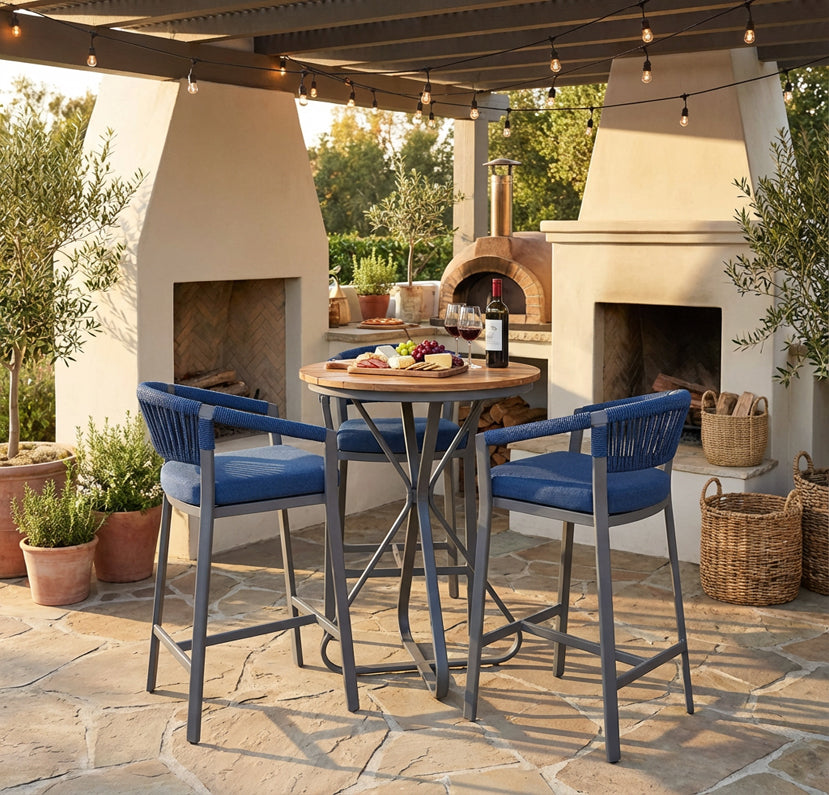 Conjunto Banquetas 3 Lugares - Mesa Bistrô - Alumínio - Corda náutica