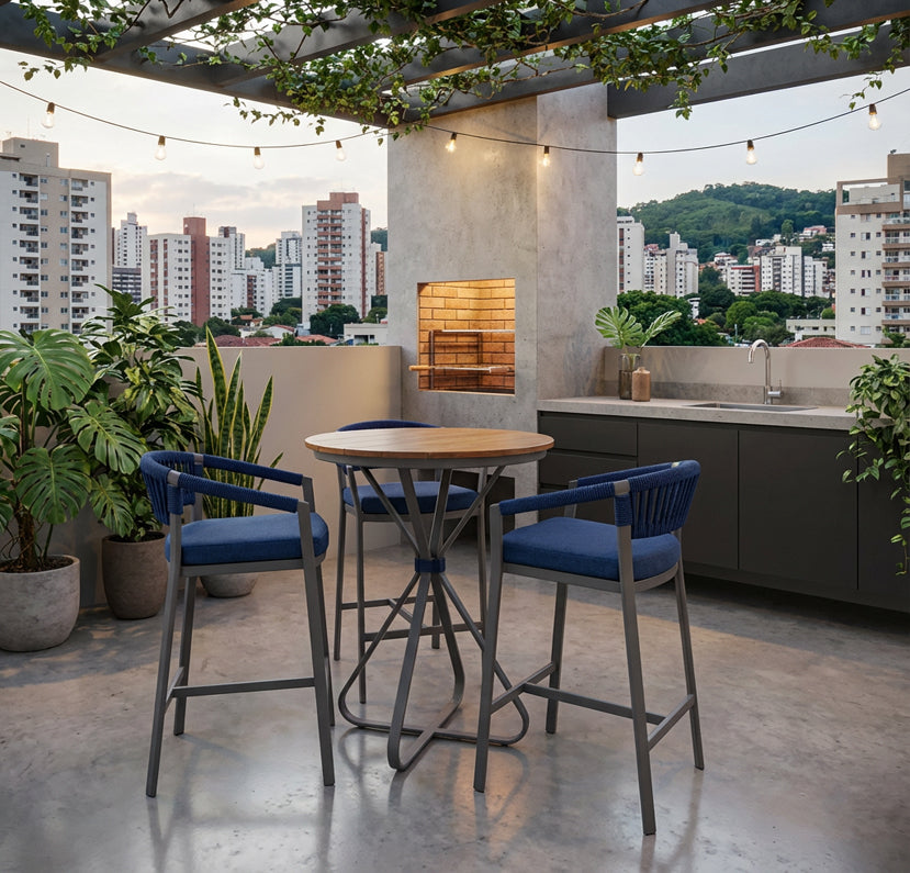 Conjunto Banquetas 3 Lugares - Mesa Bistrô - Alumínio - Corda náutica