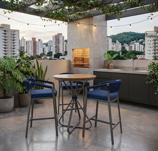 Conjunto Banquetas 3 Lugares - Mesa Bistrô - Alumínio - Corda náutica