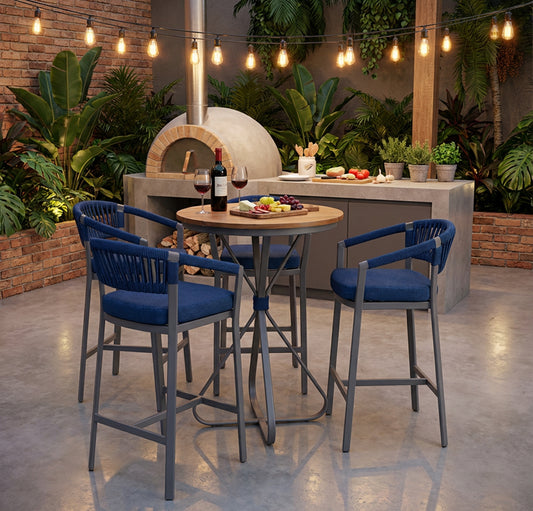 Conjunto Banquetas 3 Lugares - Mesa Bistrô - Alumínio - Corda náutica